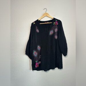 Johnny Was Embroidered Black Feather Blouse Size Medium